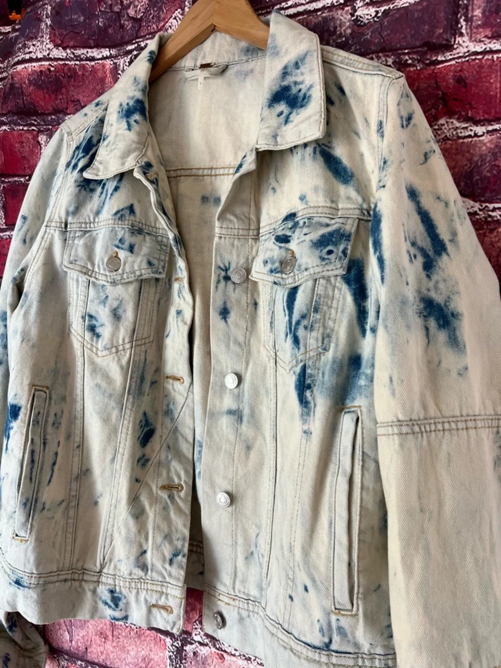 Free People Bleached Denim Jacket with Blue Tie-Dye Spots - Picture 2 of 5